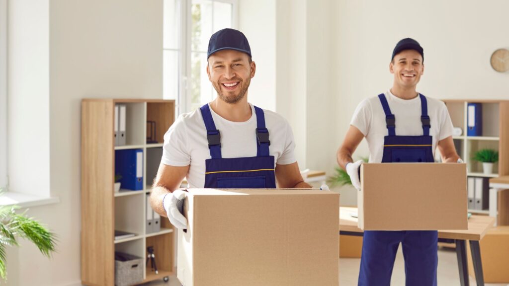Workers from a moving company carrying boxes